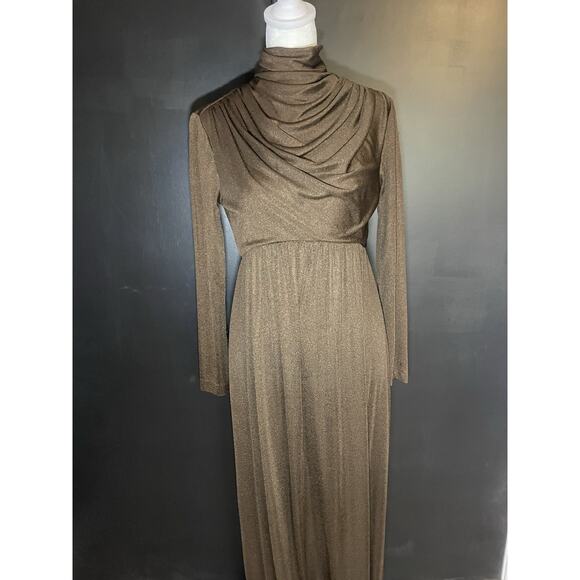 1970s Metallic Bronze Gown w/Draped High Neck/Long Sleeve Maxi–Talon Zipper - Picture 1 of 11